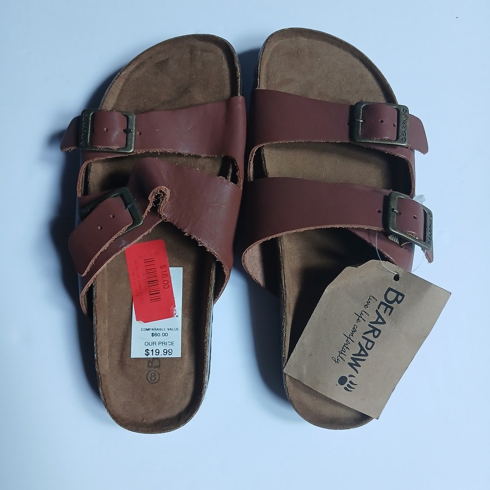 Bearpaw Women Sz 8 Brown Leather Slide Sandals 2925W Cork Footbed Buckle Straps